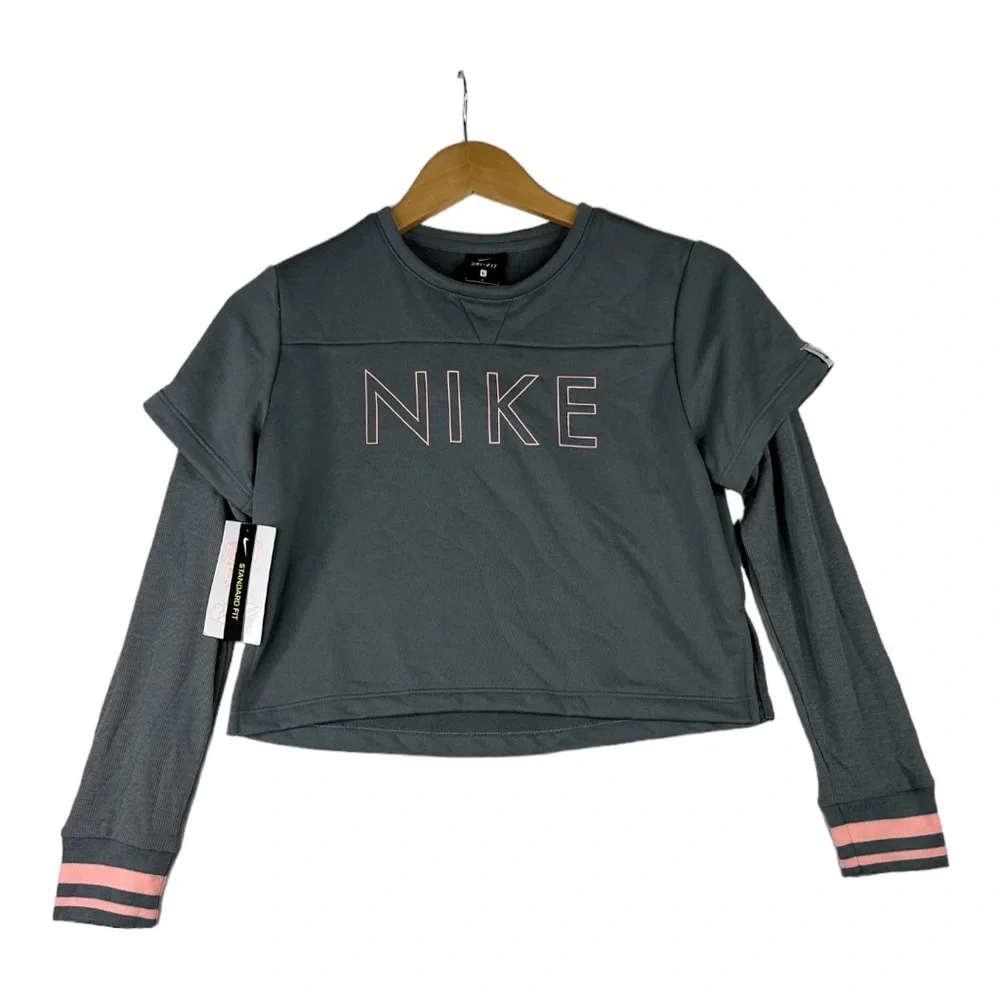 Girls‎ Nike Dri Fit Long Sleeve 2-in-1 Gray Pink Crop Training Shirt Studio
